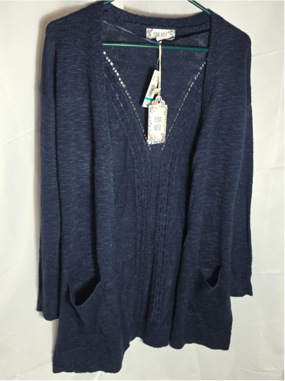 Women's Pink Rose Cardigan Sweater Navy Size S cottagecore soft cozy warm fall